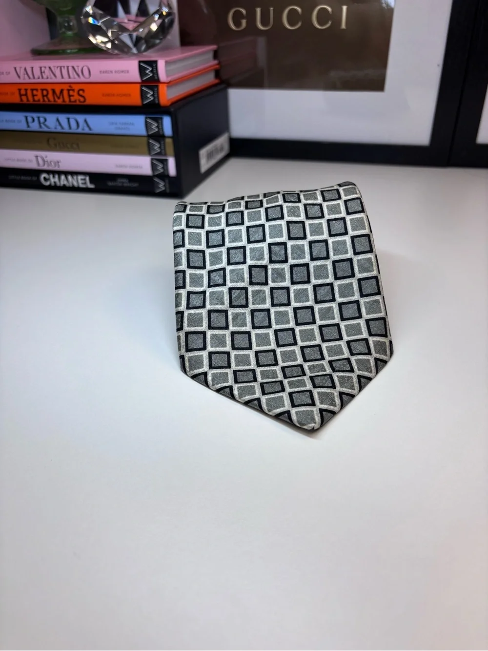J.Ferrar Black,Olive and Cream Geometric Silk Tie Made in Italy EUC